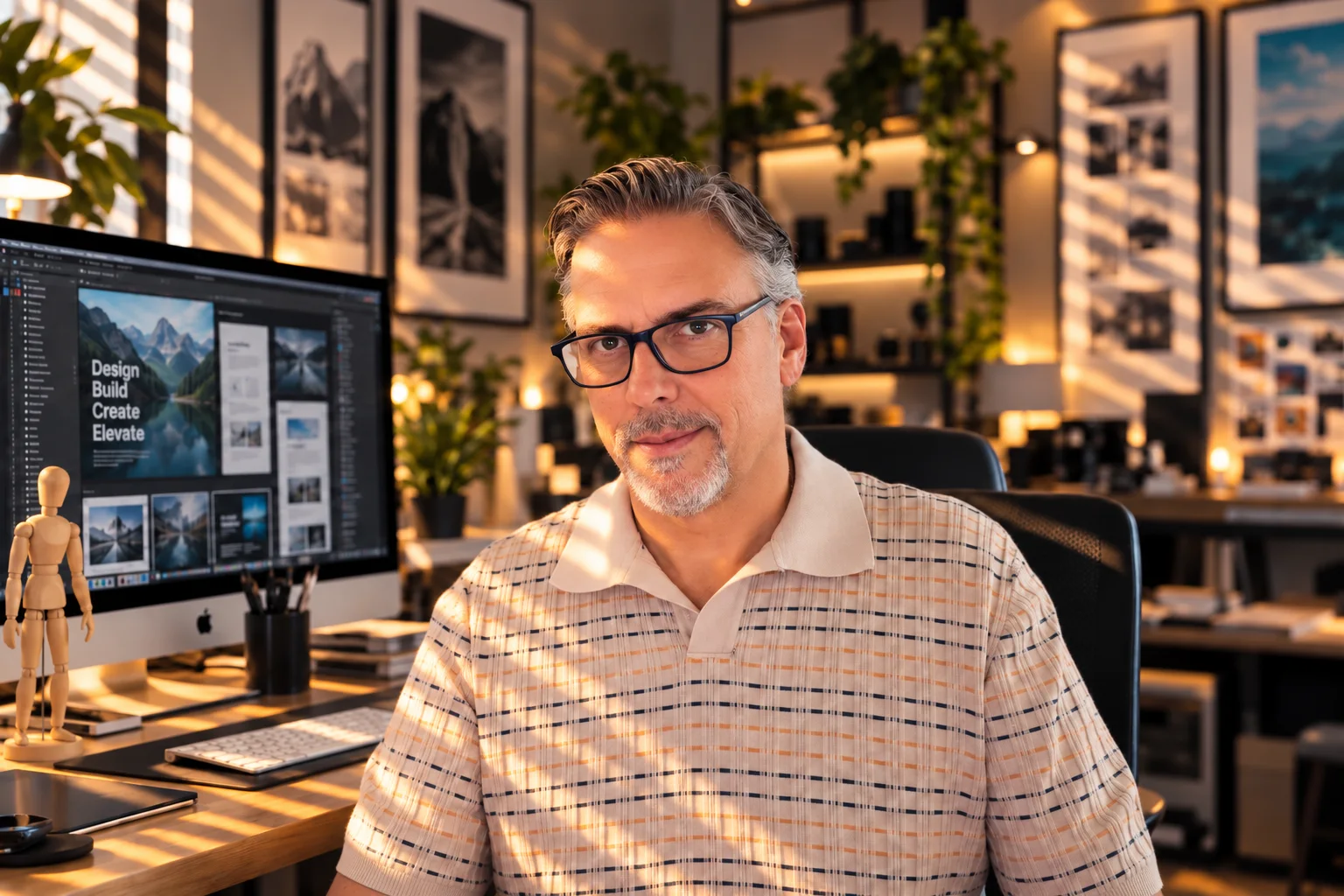 Designer working at a computer in a warmly lit studio.